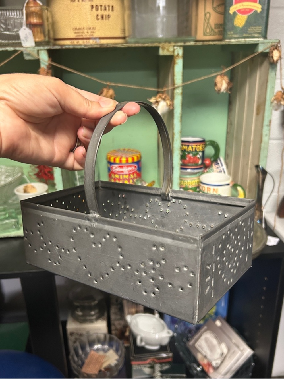 Vintage Gray Metal Perforated Heart Decorative Basket with Handle